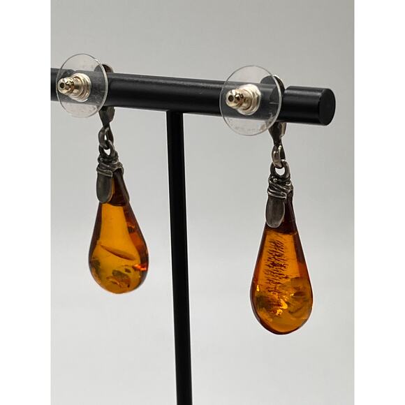 Sterling Silver Large Cognac Teardrop Baltic Amber Pierced Detailed Top Earrings - Picture 4 of 7